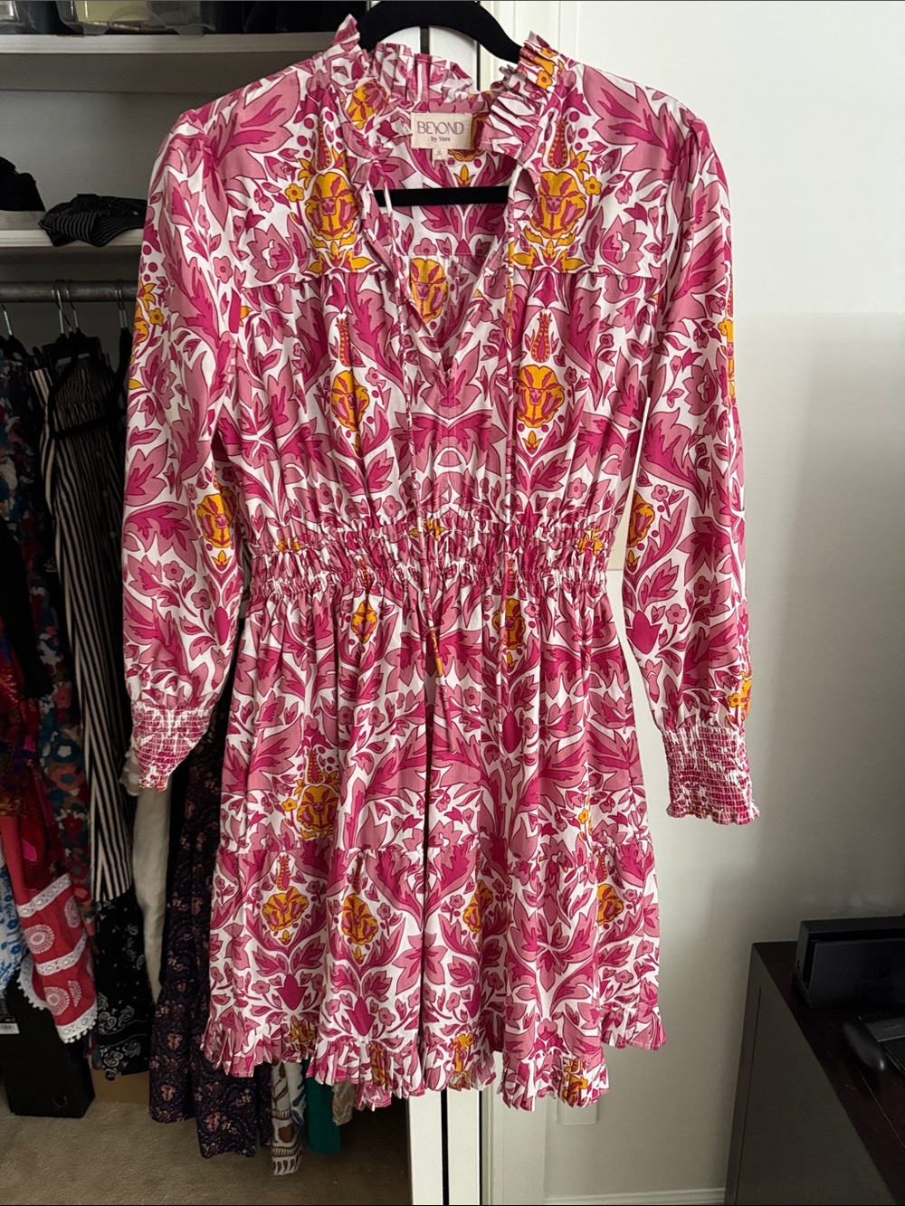 Beyond by Vera Pink Floral Smocked Waist V-Neck Dress